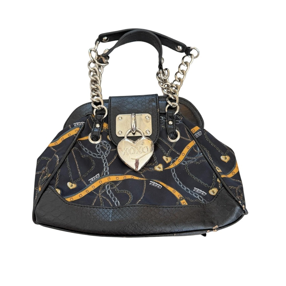 XOXO Heart Lock Mini Satchel Bag Womens Y2K Black Chain Print Equestrian
